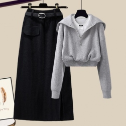 絶対流行!ファッション 配色 切り替え ジッパー セーター+大人可愛いAライン スカート二点セット
