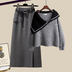 可愛いデザイン ファッション 切り替え 配色 ニットセーター+スリット スカート ワンピースセット