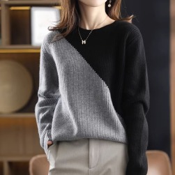 女っぽさが漂う 切り替え 配色 ぴったりしたサイズ感 ラウンドネック 長袖 ニットセーター