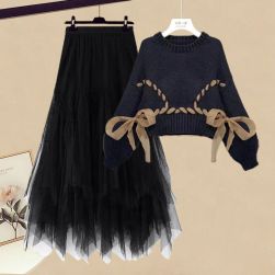 【単品注文】ファッション ラウンドネック 韩版 セーター+ 無地 Aライン スカート セットアップ