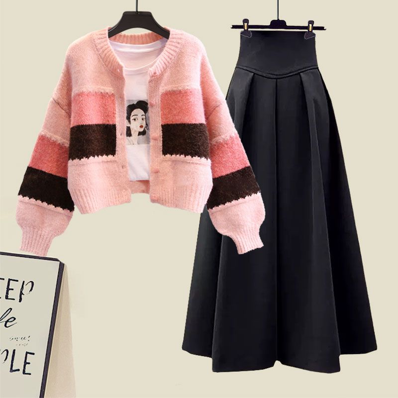 ピンク/セーター+ブラック/スカート/2点セット