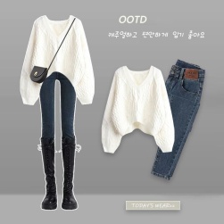 韓国風ファッション 定番Vネックセーター+デニムパンツ二点セット
