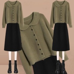 【単品注文】可愛いデザイン ファッション 折り襟 セーター+ボタン ハイウエスト Aライン スカートセットアップ