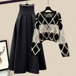 【単品購入可】ファッション 切り替え ニットセーター + ハイウエスト Aライン ギャザー スカート セット
