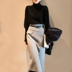 【単品注文】上品なシルエット ファッション ハイネック セーター+ベルト付き 無地 スカートワンピースセット