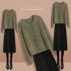 【単品注文】スウィートエレガント折り襟セーター+ギャザー飾りスカート二点セット