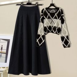 【単品注文】おしゃれ度アップ 配色ラウンドネックセーター+ロングAラインスカート二点セット