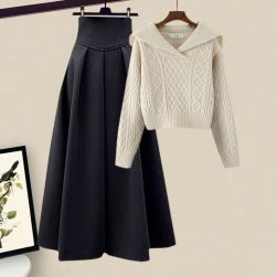 【単品注文】上品さたっぷり 韓国系折り襟防寒セーター＋ハイウエストAラインスカート二点セット