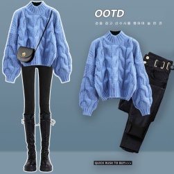 【単品注文】女っぽさが漂う 韓国系ハーフネック防寒５色セーター＋タイトパンツ二点セット