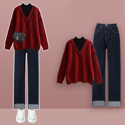 【単品注文】柔らかくて優しい印象 ファッション 切り替え セーター+シンプル デニム パンツ 2点セットアップ