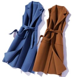 韓国風ファッション ノースリーブ ベルト付き 秋冬 無地 折り襟 レディース体型カバー コート