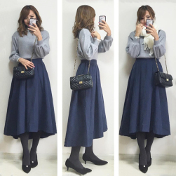 キレイ目 簡潔 シンプル パフスリーブ セーター＋ゴム付き スカート 2点セット