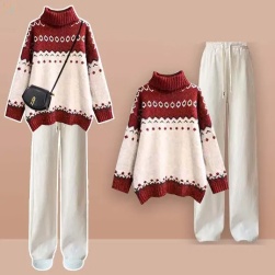 [単品注文]韓国風ファッション! スウィート プリント ニット セーター+ハイウエスト カジュアルパンツ 二点セット