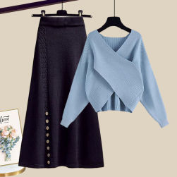【単品注文】ファッションエレガントVネックセーター+ボタンハイウエストロングAラインスカートレディース二点セット