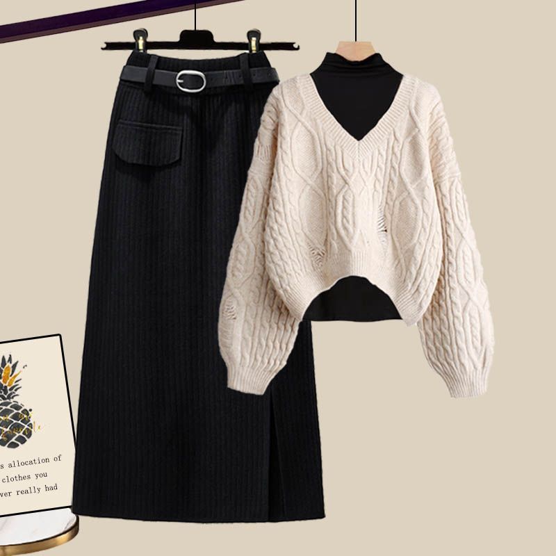アプリコットセーター＋ブラックスカート