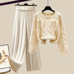 【単品注文】大人可愛い ファッション ケーブル編み ニットセーター＋カジュアル パンツ 2点セット