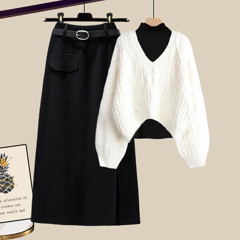 カットソー+ホワイトセーター＋ブラックスカート