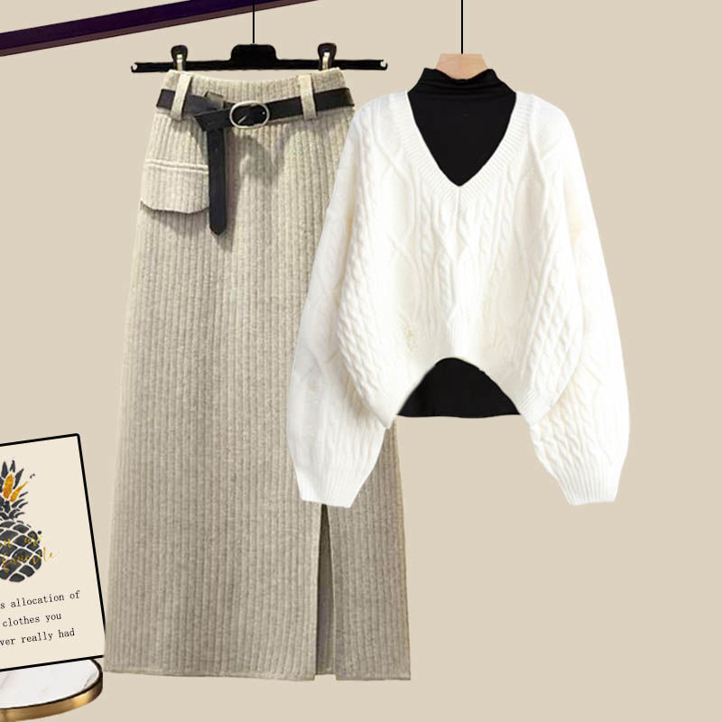 カットソー+ホワイトセーター＋アプリコットスカート