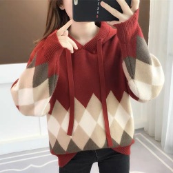 可愛いデザイン 韓国系防寒伸縮性ありフード付き配色秋冬大きめのサイズ感メリクリスマスレディースニットセーター