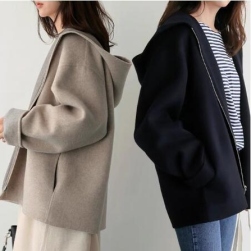韓国風ファッション シンプル 無地 ポケット付き フード付き コート