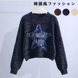 韓国風ファッション シンプル プリント ラウンドネック 切り替え セーター