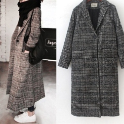 韓国風ファッション シンプル チェック柄 折り襟 すね丈 コート