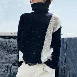 厚手の生地 オーバーサイズ ファッションカジュアル配色長袖ハイネックレディース秋冬切り替えニットセーター