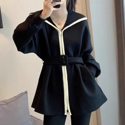 韓国風ファッション エレガント 配色ジッパー 折り襟 体型をカバー カジュアル パーカー