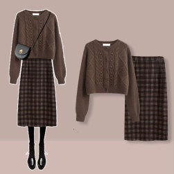 柔らかくて優しい印象 ファッション 長袖 プルオーバー セーター +Aライン チェック柄 スカート 二点セット