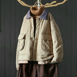 防風性があり 暖かい 全4色 配色 ゆったり 体型カバー 森ガール 切り替え 折り襟 ジャケット