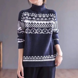 女っぽさが漂う 5カラー展開幾何模様ジャカードハイネック上品見えニットセーター
