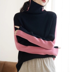 弾性のある ファッション カジュアル エレガント ロング ハイネック 配色 ニットセーター