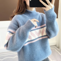 韓国風ファッション カジュアル 配色 ハーフネック 体型をカバー ニットセーター