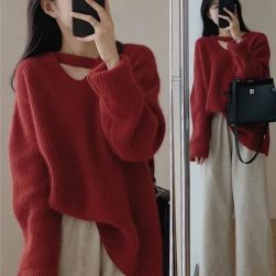ファッション感満々 韓国系 モード 長袖 着痩せ効果 透かし編み 秋冬 ニットセーター