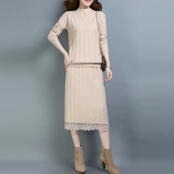 人気沸騰 韓国系 ハーフネック 長袖 セーター+切り替え スカート 二点セット