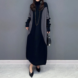 韓国風ファッション エレガント ハイネック ストレートスカート 配色 ナチュラル ワンピース