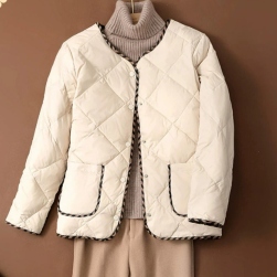 絶対流行 配色 ラウンドネック シングルブレスト 長袖 ポケット付き レディース綿入れコート
