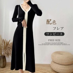 おしゃれ度アップ 高級感 韓国風ファッション 配色 ブラック 春秋 スリット シンプルニットワンピース