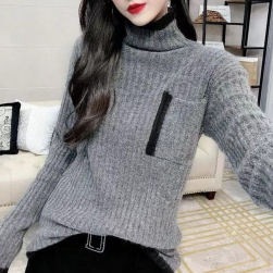 どんな体型にも適合 シンプル 韓国系 ハイネック 配色 ニットセーター