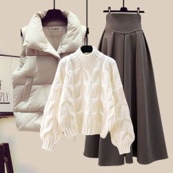 【単品注文】 ファッション ハイネックセーター+ ノースリーブ ジッパー ベスト+Aライン スカート 三点セット