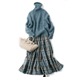 【単品注文】おしゃれ度高めシンプル無地ハイネックセーター+チェック柄スカート2点セット