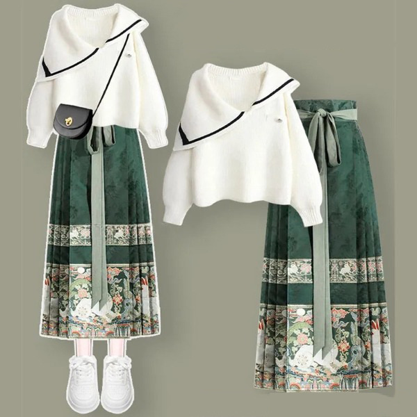 ホワイト/ニット セーター+グリーン/スカート