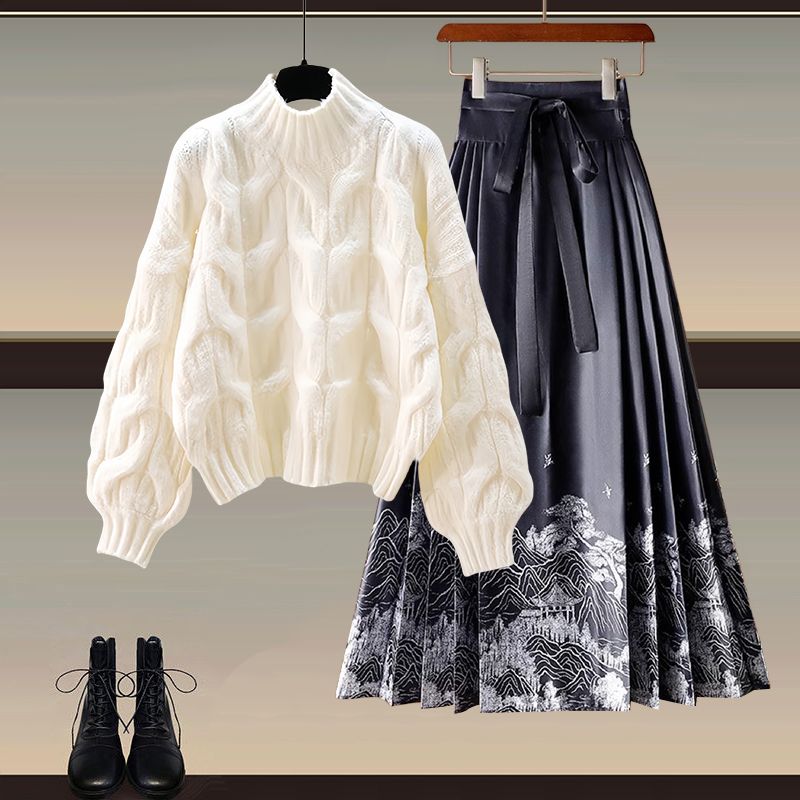 アイボリー01/セーター +ブラック/スカート
