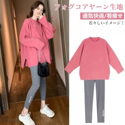韓国風ファッション シンプル 無地 セーター+スリム アルファベット パンツ 2点セット