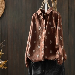 上品なシルエット カジュアル 配色 刺繍 折り襟 コットン シングルブレスト 柔軟加工 シャツ・ブラウス