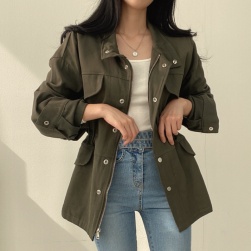 韓国風ファッション カジュアル 無地 切り替え ジッパー 折り襟 着痩せ効果 ジャケット