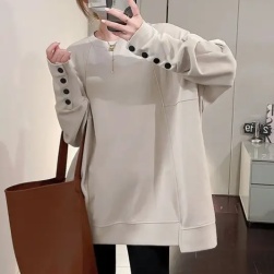 韓国風ファッション シンプル 長袖 伸縮性あり 無地 ボタン ラウンドネック Tシャツ