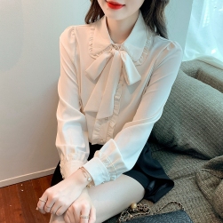 韓国風ファッション カジュアル ボウタイ 春秋 体型をカバー リボンカラー シフォンシャツ
