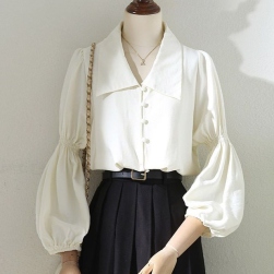 韓国風ファッション シンプル 耐久性 シングルブレスト パフスリーブ 折り襟 シャツ