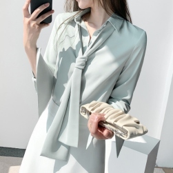 ファッション感満々 上品なシルエット 3カラー展開 リボンカラー エレガント 無地 長袖 レディース シャツ ブラウス